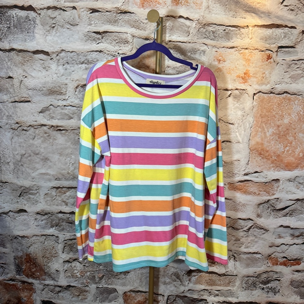 Haptics - Rainbow Stripe Long Sleeve French Terry Knit Top - Multi - 1x -